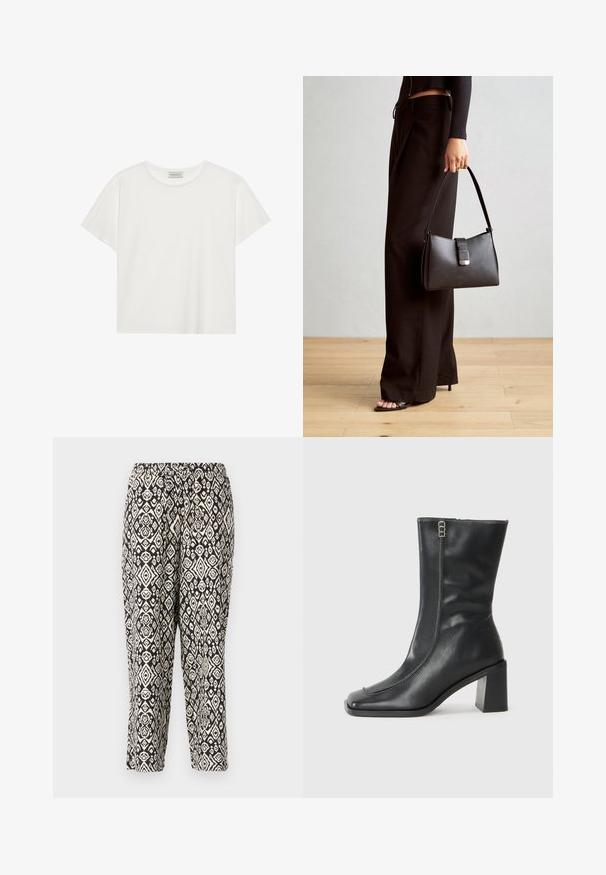 Balts īsām piedurknēm T-krekls, kas izgatavots no mīksta kokvilnas. Tam ir apaļš izgriezums un brīvs piegriezums. Tīrs dizains bez redzamām rakstiem vai akcentiem.; Melna un krēmkrāsas rakstainas bikses. Ar elastīgu vidukļa joslu un atkārtojamu ģeometrisku dizainu ar dimantiem un ziedu motīviem.; Melna ādas potīšu zābaki ar kvadrātveida purngalu, sānu rāvējslēdzēju un masīlu kvadrātveida papēdi. Sastāvdaļas ar kontrastkrāsas dūrienu gar priekšējo šuvi.; Melnā somiņa ar strukturētu formu, gludu tekstūru un metālu sprādzi. Saskaņota ar platām melnām biksēm un sandālēm ar atvērtu purngalu uz koka grīdas.