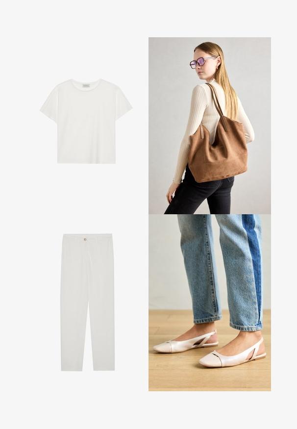 Witte T-shirt met korte mouwen, gemaakt van zachte katoen. Heeft een ronde halslijn en een relaxte pasvorm. Schoon ontwerp zonder zichtbare patronen of accenten.; Witte, op maat gemaakte broek met een rechte pijpdesign, featuring een knoopsluiting, riemlussen en zijzakken; gladde stoftextuur.; Zachtroze slingback ballerina's met een spitse neus, gemaakt van een glad leerachtig materiaal. Bevat uitsnijdingen aan de zijkanten en heeft een platte hak.; Bruine suède totebag met zachte textuur, grote opening en lange hengsels. Het heeft een eenvoudig ontwerp met zichtbare stiksels en geen hardware.