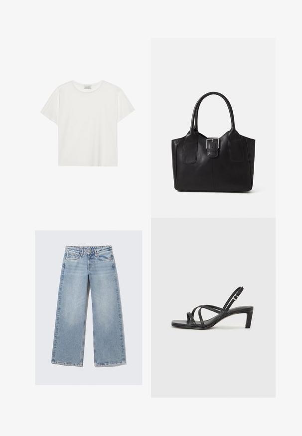 Valkoinen lyhythihainen T-paita, joka on valmistettu pehmeästä puuvillasta. Siinä on pyöreä kaula-aukko ja rento istuvuus. Siisti muotoilu ilman näkyviä kuvioita tai yksityiskohtia.; Vaaleansiniset, leveälahkeet farkut, joissa on hieno haalistus. Ominaisuuksiin kuuluu viisi taskua, nappisulku ja kontrastiväriset ompeluominaisuudet.; Mustat hihnalligat, joissa on neliön muotoinen kärki ja matala lohkokorko. Ominaisuuksiin kuuluu useita ohuita hihnoja ja säädettävä nilkkahihna. Valmistettu sileästä nahasta.; Musta nahkainen olkalaukku, jossa on sileä pinta, ryhdikäs muoto, kaksi kahvaa ja silmienpistävä hopeinen solkiyksityiskohta edessä.