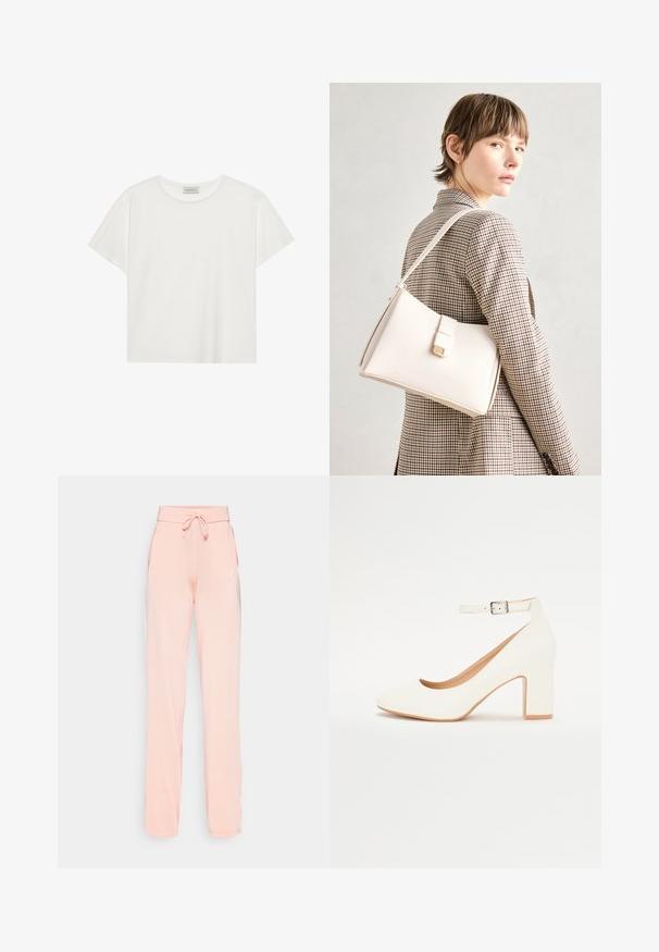 Hvit T-skjorte med kort erm laget av myk bomull. Har rund hals og avslappet passform. Rent design uten synlige mønstre eller aksenter.; Pese joggebukser i ferskenfarge laget av myk stoff, med snor i livet, sidelommer og en enkel logo på venstre side.; Hvit høyhælte sko med spiss tå, blokkhelle og ankelrem. Glatt overflate med en subtil glans og beige innvendig fôr.; Hvit lær veske med en strukturert design, med magnetlås og skulderstropp, vist mot en nøytral bakgrunn.