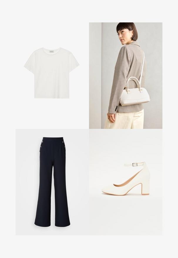 Balta trumpa rankovė T-marškiniai, pagaminti iš minkštos medvilnės. Charakterizuojami apvali kaklo iškirpte ir laisvu siluetu. Švarus dizainas be matomų raštų ar akcentų.; Tamsiai mėlynos plačių kojų kelnės su aukštu juosmeniu, papuoštos auksinėmis sagomis ir priekine raukšle. Lygus audinys ir pritaikytas fasonas.; Baltas aukštas kulnas su smailiu pirštu, blokiniu kulnu ir kulkšnies dirželiu. Lygus paviršius su subtiliu blizgesiu ir smėlio spalvos vidine pamušalu.; Balta struktūruota rankinė su trumpomis rankenomis ir peties diržu, su auksinėmis detalėmis ir tekstūruota medžiaga, pastatyta prieš pilką foną.