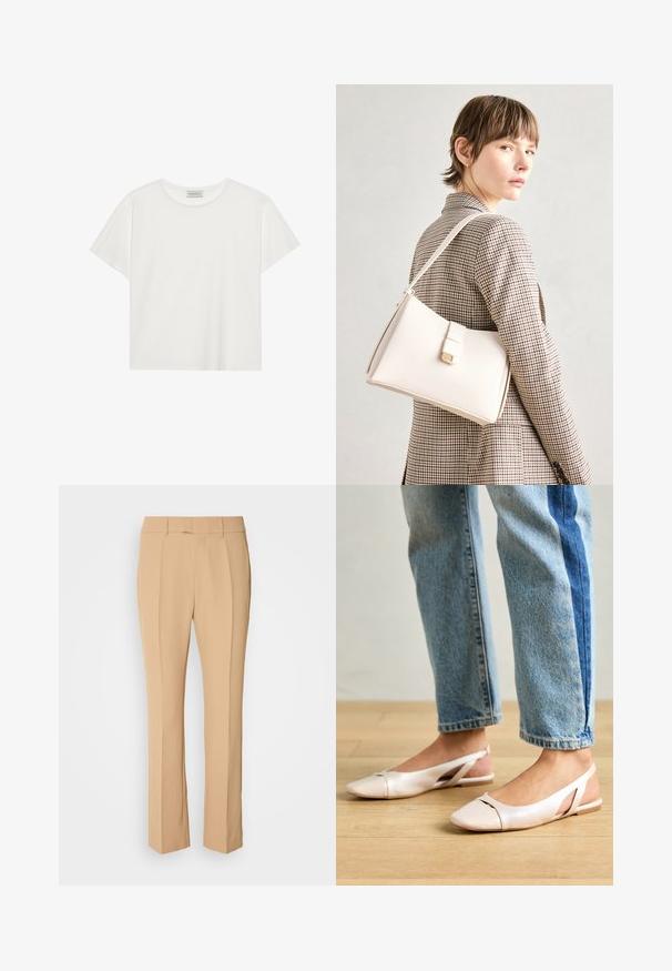 Fehér, rövid ujjú póló, puha pamutból készült. Kerek nyakkivágással és laza szabással rendelkezik. Tiszta dizájn, látható minták vagy díszítések nélkül.; Beige színű, egyenes szárú szabott nadrág, két elülső pliszével, sima elülső kivitelezéssel és könnyű, sima anyagból készült.; Világos rózsaszín slingback laposlábú cipők, hegyes orral, sima bőrhatású anyagból készült. Oldalt kivágott részletek találhatók rajta, valamint lapos sarkú.; Fehér bőr táska strukturált dizájnnal, mágneses záródással és vállpánttal, semleges háttér előtt bemutatva.