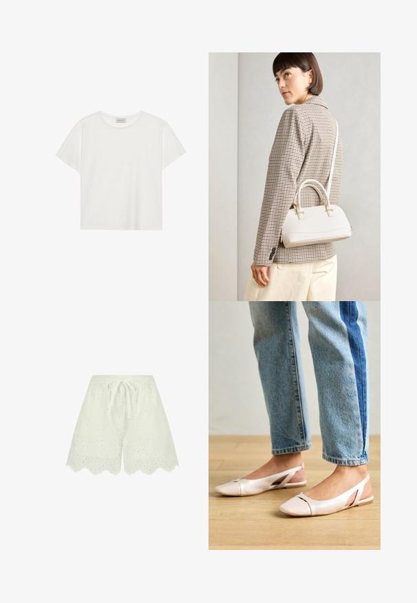 Witte T-shirt met korte mouwen, gemaakt van zachte katoen. Heeft een ronde halslijn en een relaxte pasvorm. Schoon ontwerp zonder zichtbare patronen of accenten.; Witte shorts gemaakt van textuurstof met een oogjesborduursel. Voorzien van een trekkoord in de taille en een geschulpte zoom.; Zachtroze slingback ballerina's met een spitse neus, gemaakt van een glad leerachtig materiaal. Bevat uitsnijdingen aan de zijkanten en heeft een platte hak.; Witte gestructureerde handtas met korte handvatten en een schouderband, voorzien van gouden hardwareaccenten en een textuurmateriaal, tentoongesteld tegen een grijze achtergrond.