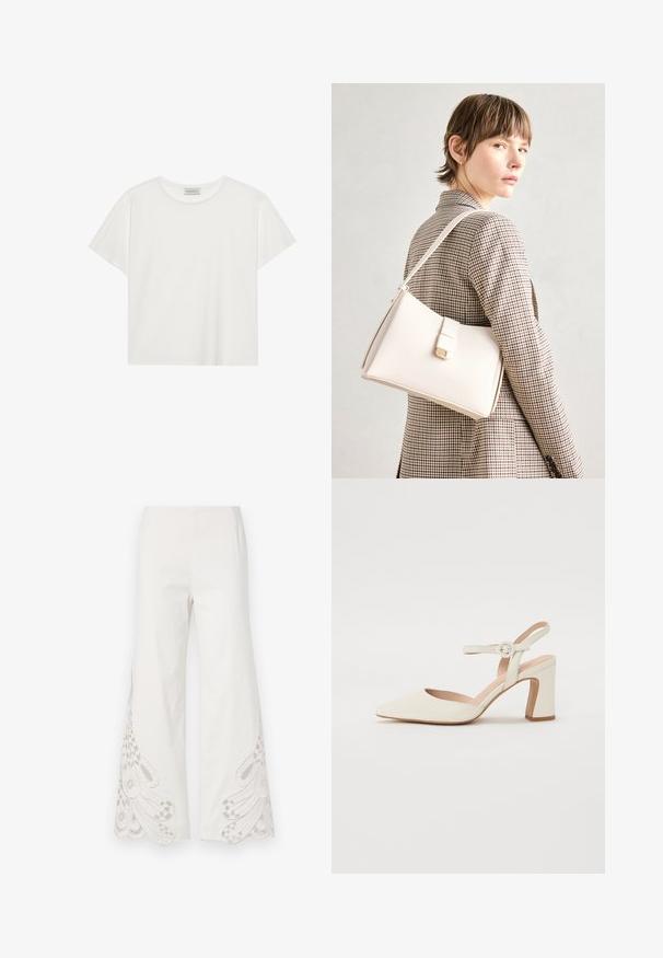 Witte T-shirt met korte mouwen, gemaakt van zachte katoen. Heeft een ronde halslijn en een relaxte pasvorm. Schoon ontwerp zonder zichtbare patronen of accenten.; Wijd uitgesneden broeken van witte stof met complexe beige borduurpatronen en schulpafwerkingen aan de onderkant van de benen.; Puntige crèmekleurige pump met een blokhak. Voorzien van een dunne enkelband met een ronde gesp en een soepele leren textuur.; Witte leren handtas met een gestructureerd ontwerp, voorzien van een magneetsluiting en een schouderriem, tentoongesteld tegen een neutrale achtergrond.