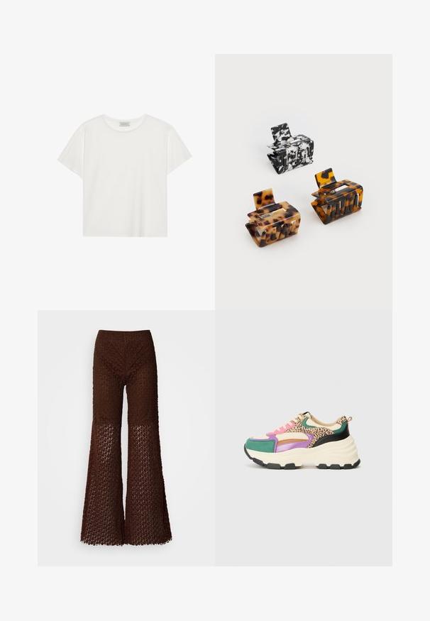 T-shirt bianco a maniche corte realizzato in morbido cotone. Presenta un collo rotondo e una vestibilità comoda. Design pulito senza modelli o dettagli visibili.; Pantaloni a zampa d'elefante in crochet marrone con un motivo in pizzo, caratterizzati da una finitura testurizzata e aperture larghe per le gambe, progettati per una vestibilità ampia.; Sneaker chunky con una miscela di verde, viola e accenti con stampa animale; presenta una tomaia in mesh beige, lacci rosa e suola nera testurizzata.; Tre fermagli per capelli: uno marmorizzato bianco e nero, due tartarugati in tonalità di marrone e nero, tutti realizzati in plastica lucida con una finitura strutturata.