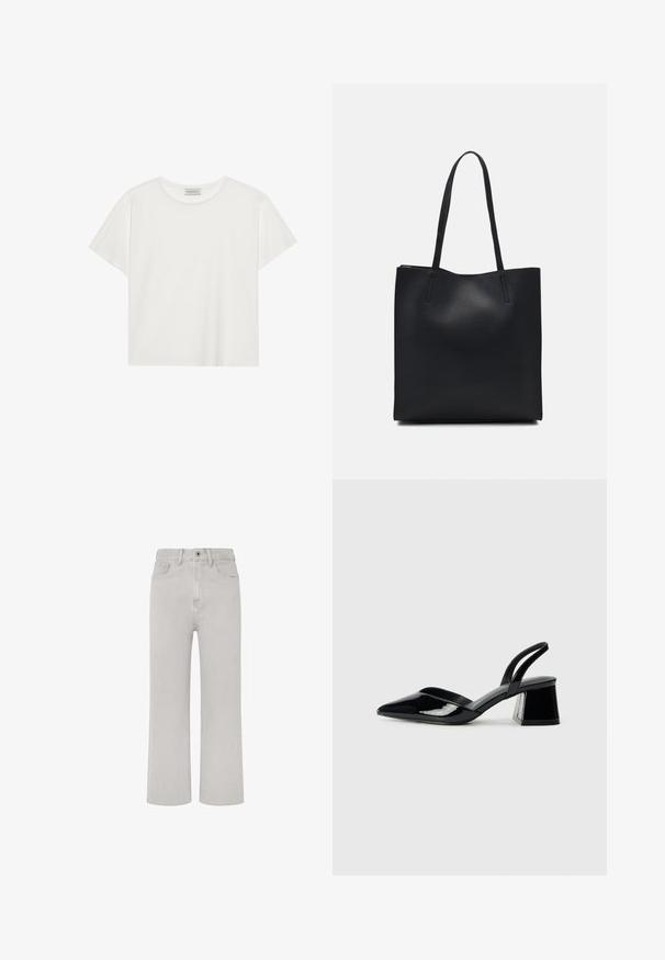 Valge lühikeste varrukatega t-särk, mis on valmistatud pehmest puuvillast. Omab ümmargust kaelust ja mugavat lõiget. Puhtad jooned, ilma nähtavate mustrite või aktsentideta.; Heledhalli teksased, sirge säärejärgimise kujundusega, viie tasku stiiliga, esiküljel tõmblukk ja klassikaline vööosa. Lihtne tikand.; Mustad musta lakknahk kingad, millel on terav varvas ja geomeetriline plokkkonts. Omab elegantselt minimalistlikku disaini ja sujuvat tekstuuri.; Mustast nahast kott sujuva tekstuuriga, ristkülikukujuline ja kahe pika sangaga. Pole nähtavat riistvara ega kaunistusi.