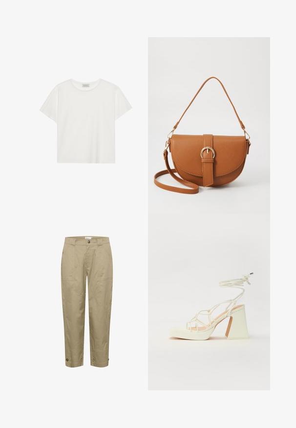 Bílé tričko s krátkým rukávem vyrobené z měkké bavlny. Má kulatý výstřih a volný střih. Čistý design bez viditelných vzorů nebo akcentů.; Béžové, lehké kalhoty se rovnýcn střihem, s bočními kapsami a knoflíkovými detaily na spodním lemu pro nastavitelný střih a styl.; Bílé sandály na vysokém podpatku s robustním podpatkem, s designem s pásky a zavazováním kolem kotníku. Hladký povrch s platformou vpředu pro zvýšení výšky.; Hnědá kožená křížová taška s zakřiveným tvarem, zlatými detaily a akcentem s přezkou. Obsahuje odnímatelný popruh na rameno.