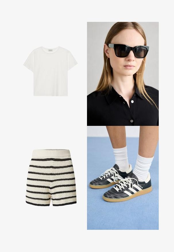 Witte T-shirt met korte mouwen, gemaakt van zachte katoen. Heeft een ronde halslijn en een relaxte pasvorm. Schoon ontwerp zonder zichtbare patronen of accenten.; Gebreide shorts met een ribbelband, voorzien van afwisselend crème- en zwarte strepen, textuur met open haakpatronen.; Zwarte leren sneakers met witte strepen, ronde neus, witte veters en een gumrubberen zool. Versterkt met een gevoerd kraag en merkdetails.; Zwarte rechthoekige zonnebril met een glanzende afwerking, zilveren accent bij de slapen, gedragen door een model met lang steil haar en een zwart shirt.