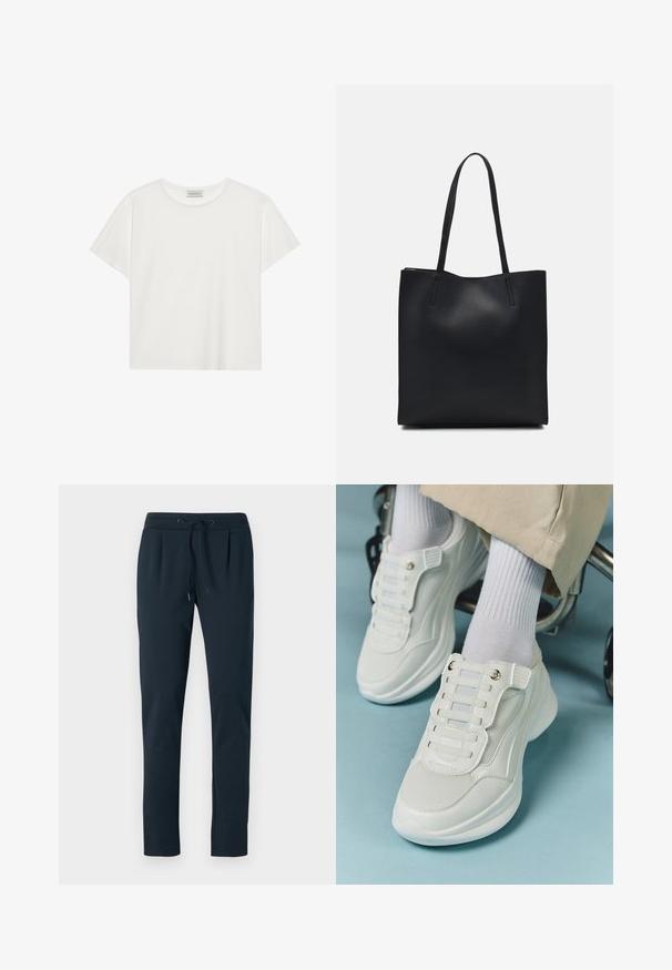 Hvit T-skjorte med kort erm laget av myk bomull. Har rund hals og avslappet passform. Rent design uten synlige mønstre eller aksenter.; Mørk marineblå bomulls joggebukser med snor i livet, smalere ben og folder foran. Myk tekstur og minimalistisk design.; Hvite sneakers med mesh-materiale, gummisåle, snøret design uten laces og elastiske bånd, samt gulltone detaljer.; Svart lær tote bag med glatt tekstur, rektangulær form og to lange håndtak. Ingen synlige deler eller dekorasjoner.