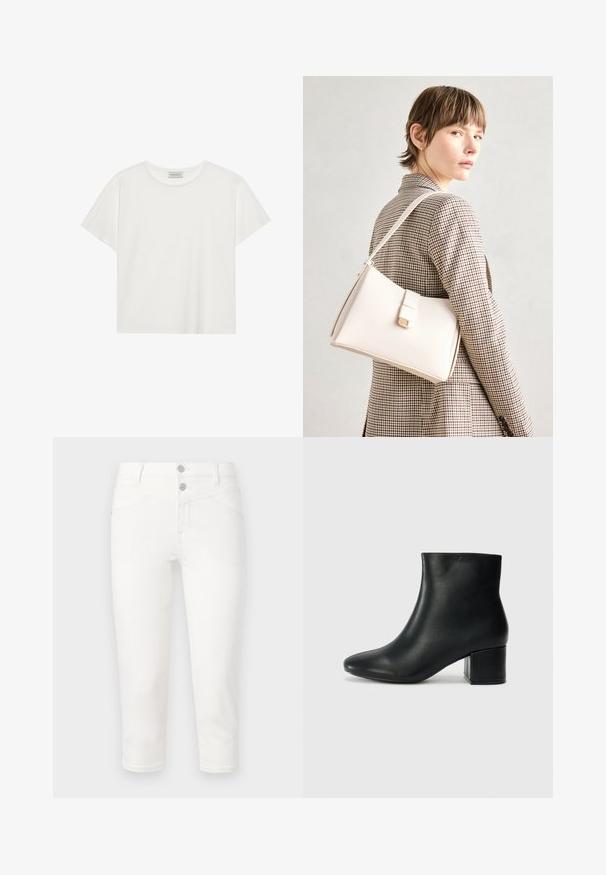 T-shirt blanc à manches courtes en coton doux. Présente un col rond et une coupe décontractée. Design épuré sans motifs ni accents visibles.; Jean blanc court en tissu mélangé coton. Dispose de deux poches avant, deux poches arrière et d'une finition lisse. Fermeture à bouton en métal.; Bottines en cuir noir avec un bout pointu et un talon épais. Texture lisse avec des accents minimalistes et un design élégant et ajusté.; Sac à main en cuir blanc au design structuré, doté d'un fermoir magnétique et d'une bandoulière, présenté sur un fond neutre.