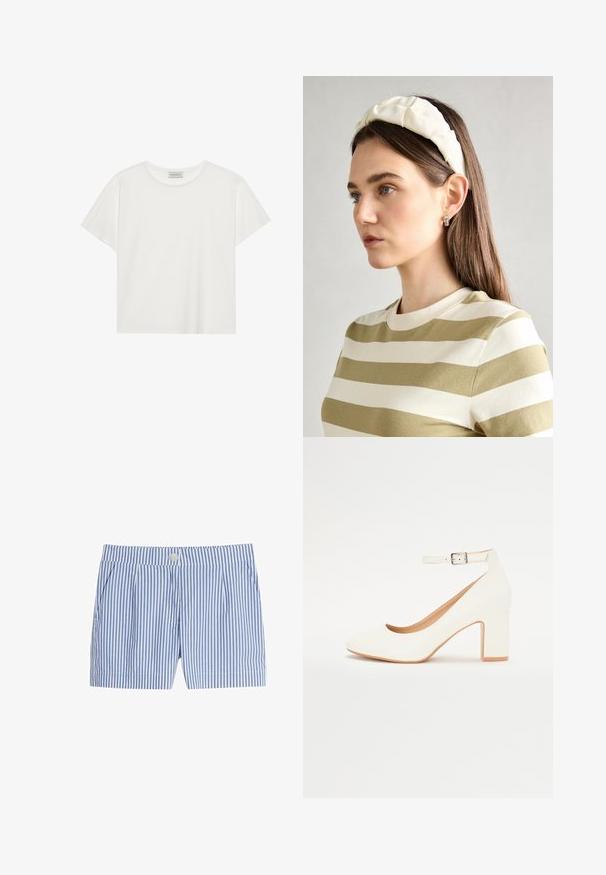 Valkoinen lyhythihainen T-paita, joka on valmistettu pehmeästä puuvillasta. Siinä on pyöreä kaula-aukko ja rento istuvuus. Siisti muotoilu ilman näkyviä kuvioita tai yksityiskohtia.; Siniset ja valkoiset raidalliset shortsit, joissa on nappikiinnitys, laskokset ja sileä kangas. Lyhyt malli, jossa on sivutaskut.; Valkoiset korkokengät, joissa on terävä kärki, paksu korko ja nilkkastrappi. Sileä viimeistely hienovaraisella kiillolla ja beige sisus.; Kermainen pehmustettu pääpanta, jossa on kiertävä muotoilu, yhdistettynä beige-valkoraidalliseen puseroon, jossa on pyöreä pääntie. Huomaamaton koruasu.