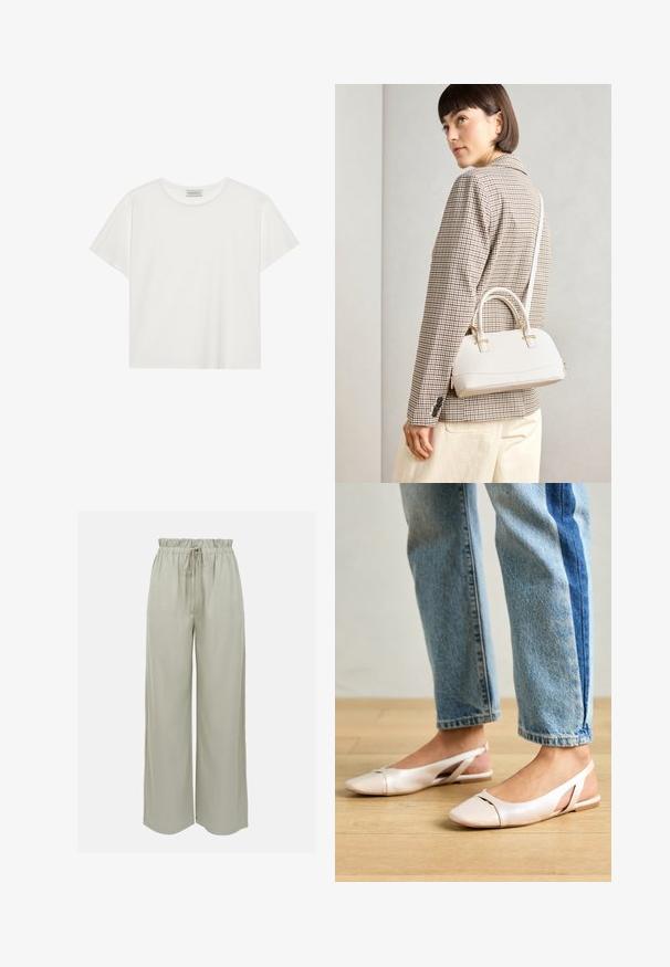 Valkoinen lyhythihainen T-paita, joka on valmistettu pehmeästä puuvillasta. Siinä on pyöreä kaula-aukko ja rento istuvuus. Siisti muotoilu ilman näkyviä kuvioita tai yksityiskohtia.; Vaaleanharmaat, leveälahkeiset housut, jotka on valmistettu pehmeästä kankaasta. Mukana elastinen vyötärönauha, jossa on nauha, sekä sileä pinta. Ei näkyviä kuvioita.; Vaaleanpunaiset slingback-ballerinat, joissa on terävä kärki, valmistettu sileästä nahkamaisesta materiaalista. Sivujen leikkuuyksityiskohdat ja tasapohja.; Valkoinen rakenteellinen käsilaukku, jossa on lyhyet kahvat ja olkahihna, varustettu kultaisilla metalliosilla ja tekstuurilla, esillä harmaata taustaa vasten.
