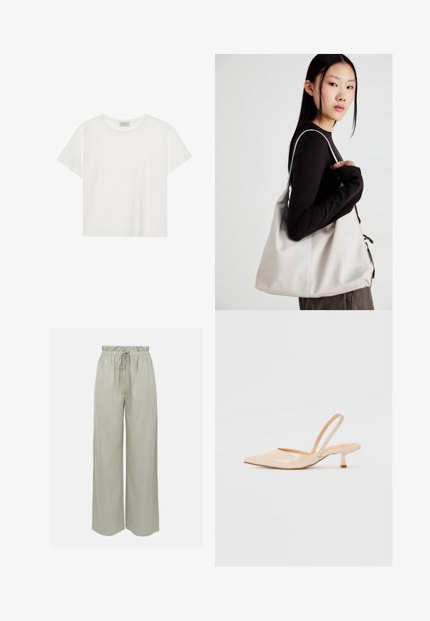 Balts īsām piedurknēm T-krekls, kas izgatavots no mīksta kokvilnas. Tam ir apaļš izgriezums un brīvs piegriezums. Tīrs dizains bez redzamām rakstiem vai akcentiem.; Gaiši pelēkas platas kāju bikses, kas izgatavotas no mīksta auduma. Tām ir elastīgs jostasvīrs ar auklu un gluda virsma. Nav redzamu rakstu.; Bežīgas lakotas ādas slingback papēži ar smailu purngalu un šauru, kvadrātveida papēdi. Gluda tekstūra un minimālistisks dizains bez dekorēšanas elementiem.; Bežs rokassoma, izgatavota no mīksta materiāla, ar brīvu dizainu, izšūtu apdari un divām plecu siksnām. Piemērota ikdienas lietošanai.