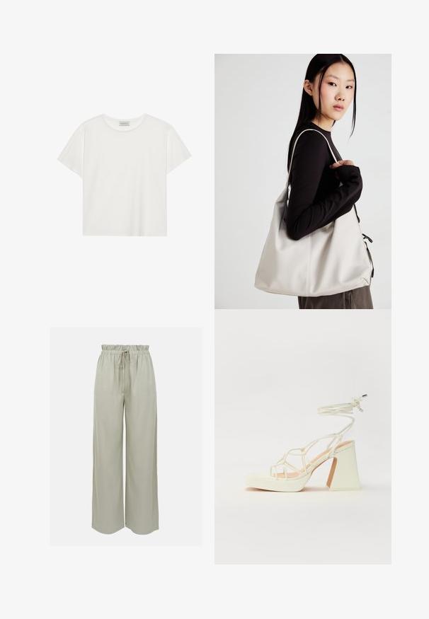 Witte T-shirt met korte mouwen, gemaakt van zachte katoen. Heeft een ronde halslijn en een relaxte pasvorm. Schoon ontwerp zonder zichtbare patronen of accenten.; Lichtgrijze wijde broeken van zachte stof. Voorzien van een elastische tailleband met een trekkoord en een gladde textuur. Geen zichtbare patronen.; Witte hoge hakken sandaal met een chunky hak, met een bandjesontwerp en enkelband. Gladde textuur met een plateau voor extra hoogte.; Beige handtas gemaakt van zacht materiaal, met een slonzig ontwerp, gestikte details en twee schouderbanden. Geschikt voor dagelijks gebruik.