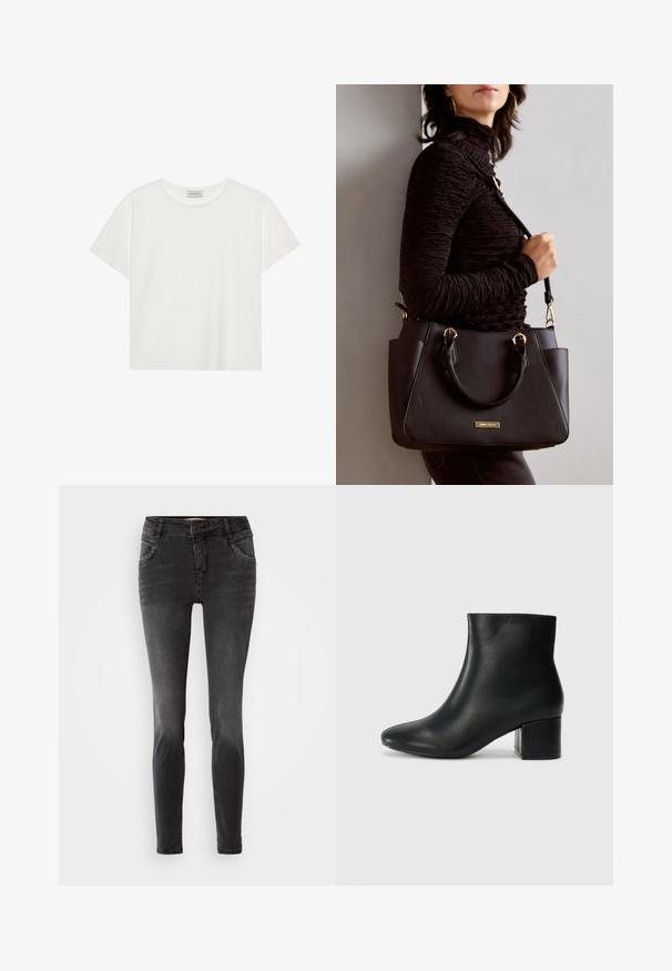 T-shirt branca de manga curta feita de algodão macio. Apresenta um decote redondo e um corte descontraído. Design limpo sem padrões ou detalhes visíveis.; Jeans skinny pretos feitos de denim, com fecho na parte da frente, detalhes com tachas nos bolsos e uma textura suave.; Botas de tornozelo em pele preta com bico pontiagudo e um salto robusto. Textura suave com acentos mínimos e um design ajustado e elegante.; Bolsa preta com superfície texturizada, alças superiores duplas e alça de ombro ajustável. Apresenta ferragens em tom dourado e bolsos laterais.