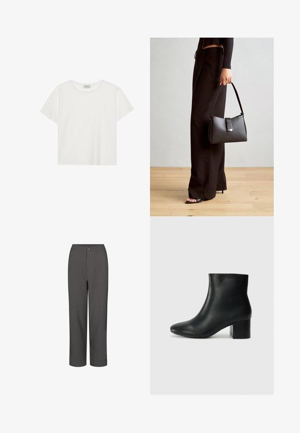 Balts īsām piedurknēm T-krekls, kas izgatavots no mīksta kokvilnas. Tam ir apaļš izgriezums un brīvs piegriezums. Tīrs dizains bez redzamām rakstiem vai akcentiem.; Pelēki bikses ar taisnu kāju dizainu, gludu faktūru, priekšējo pogu aizdari un piešūtām maliņām, kas nodrošina elegantu izskatu.; Melna ādas potīšu zābaki ar smailu purngalu un masīlu papēdi. Gluda tekstūra ar minimāliem akcentiem un gludu, pieguļošu dizainu.; Melnā somiņa ar strukturētu formu, gludu tekstūru un metālu sprādzi. Saskaņota ar platām melnām biksēm un sandālēm ar atvērtu purngalu uz koka grīdas.