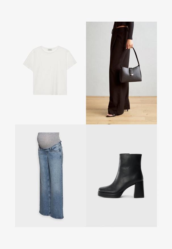 White short-sleeve T-shirt made of soft cotton. Features a round neckline and relaxed fit. Clean design with no visible patterns or accents.; ONLY MATERNITY OLMJUICY - Wide Leg - medium blue denim; Black leather ankle boot with a block heel and platform sole, viewed from the side on a plain white background.; Black handbag with structured shape, smooth texture, and a metallic clasp. Paired with wide black pants and open-toe sandals on wooden floor.