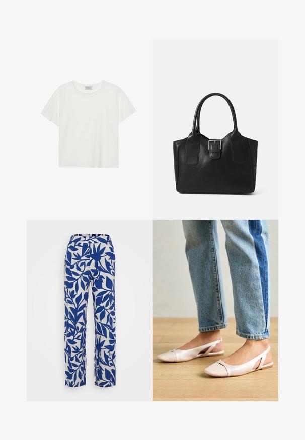 Hvit T-skjorte med kort erm laget av myk bomull. Har rund hals og avslappet passform. Rent design uten synlige mønstre eller aksenter.; Vide benbukser med en hvit bakgrunn og sterke blå blomstermønstre og bladmønstre. Livstykket er elastisk for komfort.; Lys rosa slingback leiligheter med spiss tå, laget av et glatt, læraktig materiale. Har utskjæringer på sidene og lav hæl.; Svart skinn toteveske med jevn tekstur, strukturert form, to håndtak og en fremtredende sølvspenne foran.
