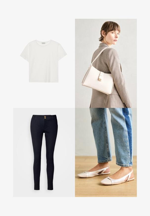 T-shirt branca de manga curta feita de algodão macio. Apresenta um decote redondo e um corte descontraído. Design limpo sem padrões ou detalhes visíveis.; Calças de ganga azul escuro com um corte ajustado, dois bolsos frontais, dois botões decorativos na cintura e textura suave.; Sapatilhas slingback de cor rosa pálido com bico fino, feitas de um material semelhante a couro liso. Apresentam detalhes recortados nas laterais e um salto plano.; Bolsa de mão em couro branco com um design estruturado, apresentando um fecho magnético e uma alça de ombro, exibida sobre um fundo neutro.
