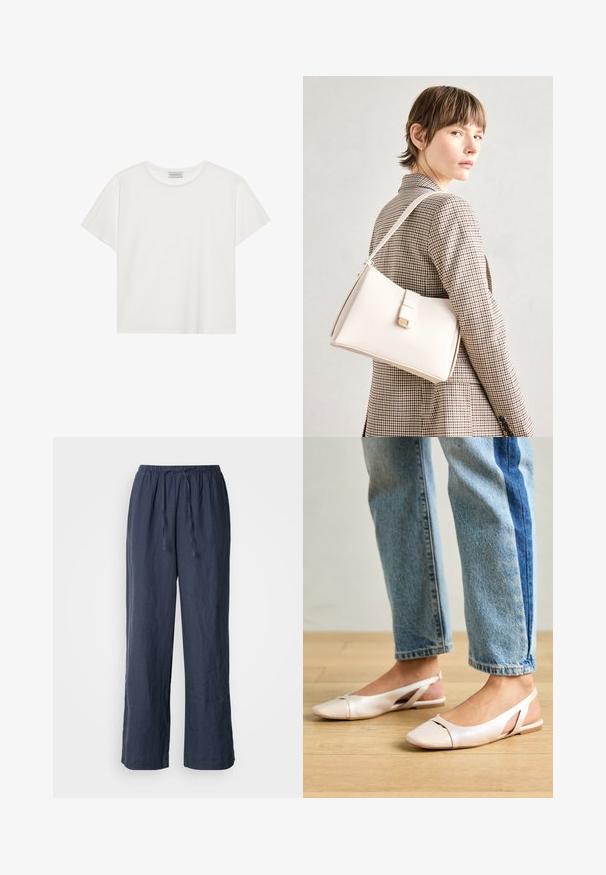 Hvid kortærmet T-shirt lavet af blødt bomuld. Har en rund halsudskæring og en afslappet pasform. Rent design uden synlige mønstre eller accenter.; Mørkeblå linnedbukser med elastisk talje, snørelukning, bred ben-design og en tekstureret overflade.; Lyserøde slingback flade sko med spidse tær, lavet af et glat læderlignende materiale. Har udskæringsdetaljer på siderne og en flad hæl.; Hvid læder håndtaske med en struktureret design, der har en magnetlukning og en skulderrem, præsenteret mod en neutral baggrund.