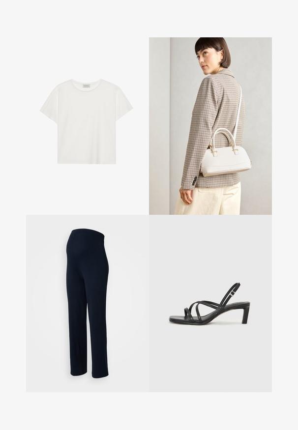 Hvit T-skjorte med kort erm laget av myk bomull. Har rund hals og avslappet passform. Rent design uten synlige mønstre eller aksenter.; Mørkeblå stretchbukser med en glat overflade, elastisk talje og lige bendesign, uden synlige metaldele eller mønstre.; Sorte sandaler med stropper, firkantet tå og lav blokk hæl. Har flere tynne stropper og en justerbar ankelstropp. Laget av glatt lær.; Hvit strukturert håndveske med korte håndtak og skulderreim, med detaljer i gullfinish og teksturert materiale, vist mot en grå bakgrunn.