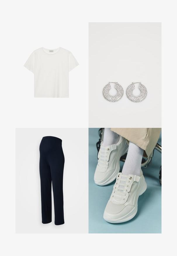 Tricou alb cu mânecă scurtă, made din bumbac moale. Are un guler rotund și o croială lejeră. Design curat, fără modele sau accente vizibile.; Pantaloni elastici de culoare bleumarin, cu o textură netedă, talie elastică și design cu picioare drepte, fără elemente de fixare sau modele vizibile.; Adidași albi cu un material din plasă, talpă din cauciuc, design fără șireturi cu benzi elastice și accente aurii.; Cercei din argint cu inel, decorati cu multiple stratificari de cristale transparente, având o suprafață texturată și un design circular deschis.