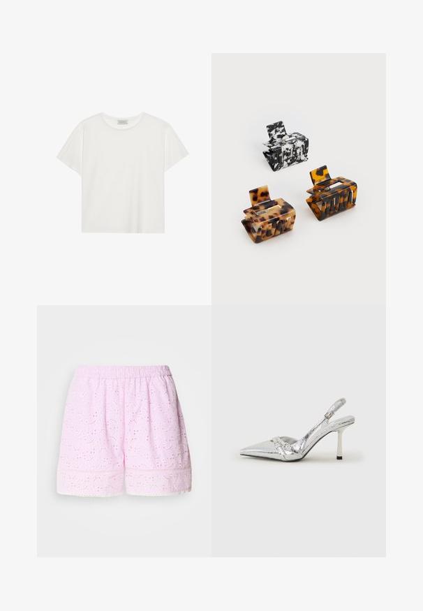 Tricou alb cu mânecă scurtă, made din bumbac moale. Are un guler rotund și o croială lejeră. Design curat, fără modele sau accente vizibile.; Şorturi din bumbac roz, decorate cu un design floral brodat, cu talie elastică și dantelă la margine. Material ușor și respirabil.; Pantofii cu toc înalt, argintii, cu vârf ascuțit, finisaj metallic, două curele decorative și un toc subțire cu vârful negru.; Trei agrafe de păr: una cu un model marmorat alb-negru, două tortoiseshell în nuanțe de maro și negru, toate realizate din plastic lucios cu un finisaj texturat.