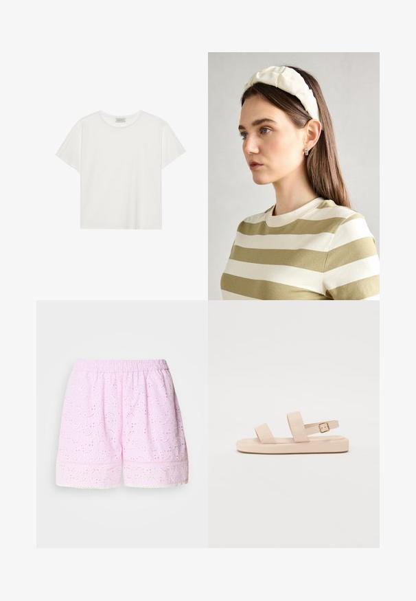 White short-sleeve T-shirt made of soft cotton. Features a round neckline and relaxed fit. Clean design with no visible patterns or accents.; Pink cotton shorts with embroidered floral design, elastic waistband, and lace trim at the hem. Lightweight and breathable fabric.; Nude sandals with two wide top straps and an adjustable ankle strap. Flat sole with a slight texture. Buckle detail on the ankle strap.; Cream padded headband with twisted design, paired with a beige and white striped shirt featuring a round neckline. Subtle jewelry accents.