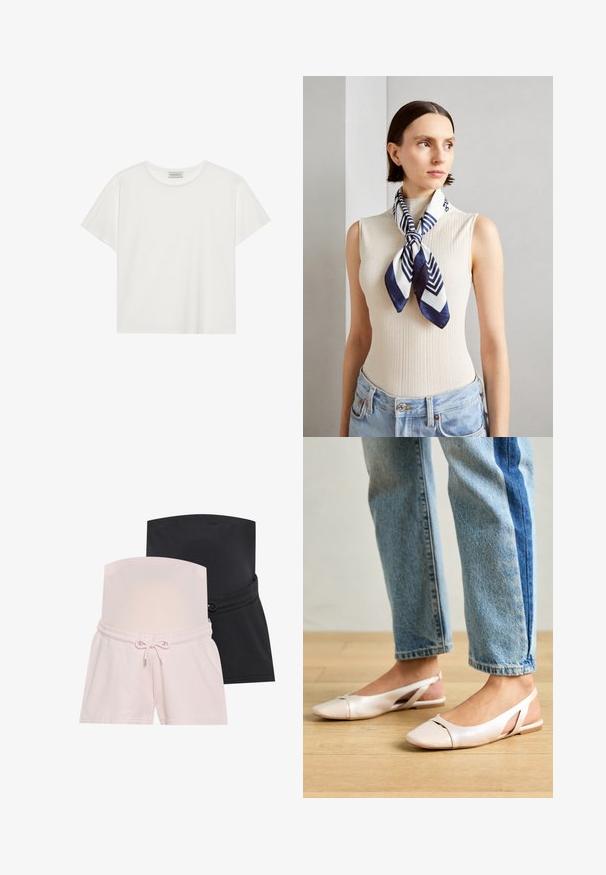 Balts īsām piedurknēm T-krekls, kas izgatavots no mīksta kokvilnas. Tam ir apaļš izgriezums un brīvs piegriezums. Tīrs dizains bez redzamām rakstiem vai akcentiem.; Divas grūtniecības šorti: vieni rozā, otrie melni. Abiem ir elastīga josta un saite regulējamai izmēram.; Bālti rozā siksniņu dzīvokļi ar smailu purngalu, izgatavoti no gludas ādas līdzīgās materiāla. Iezīmē izgriezumu detaļas sānos un platu papēdi.; Zīda šalle tumši zilā un baltā krāsā ar ģeometrisku zigzaga rakstu. Gluda tekstūra, sakārtota pie kakla, papildinot ribotā topa izskatu.