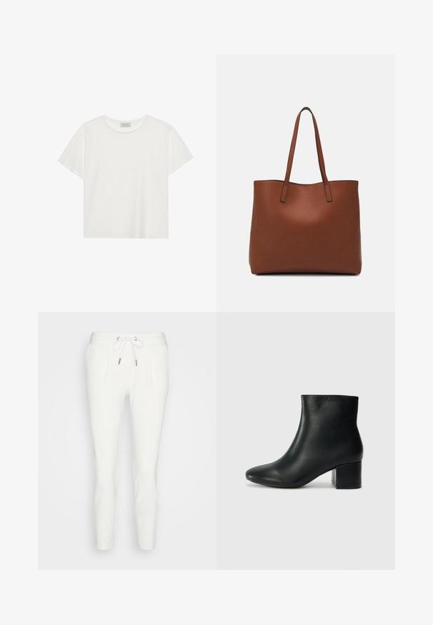 T-shirt blanc à manches courtes en coton doux. Présente un col rond et une coupe décontractée. Design épuré sans motifs ni accents visibles.; Pantalons de survêtement blancs en tissu doux, dotés d'une taille à cordon de serrage, de deux poches latérales et d'une coupe fuselée sans motifs ni accents visibles.; Bottines en cuir noir avec un bout pointu et un talon épais. Texture lisse avec des accents minimalistes et un design élégant et ajusté.; Sac fourre-tout en cuir marron avec une texture lisse, design à ouverture supérieure et deux poignées pour le porter à l'épaule. Présente des coutures minimales et aucun matériel visible.