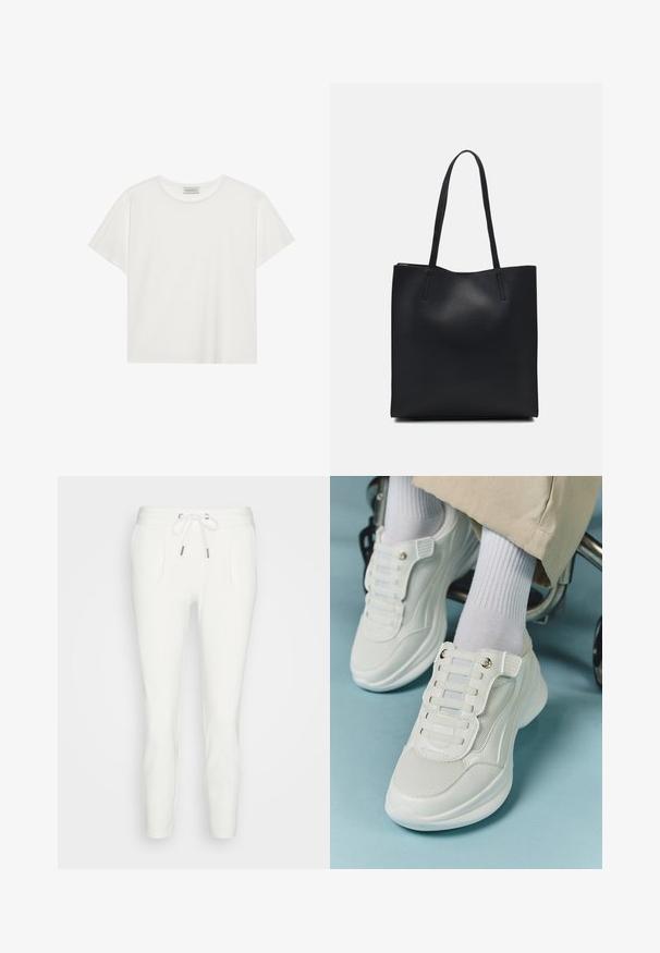 Tricou alb cu mânecă scurtă, made din bumbac moale. Are un guler rotund și o croială lejeră. Design curat, fără modele sau accente vizibile.; Pantaloni de trening albi dintr-un material moale, cu un cordon la talie, două buzunare laterale și o croială conică, fără modele sau accente vizibile.; Adidași albi cu un material din plasă, talpă din cauciuc, design fără șireturi cu benzi elastice și accente aurii.; Geantă tote neagră din piele, cu textură netedă, formă rectangulară și două mânere lungi. Fără hardware vizibil sau ornamente.