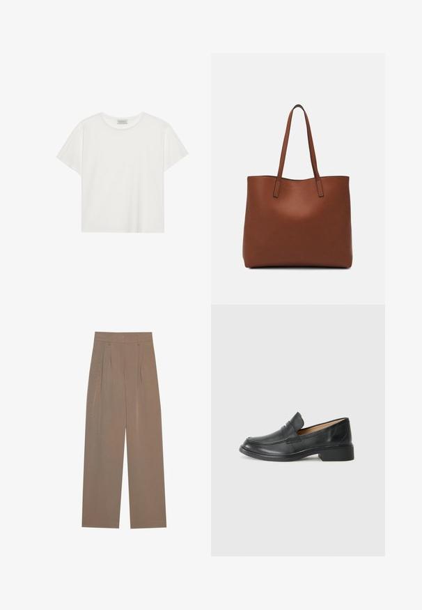 Biała koszulka z krótkim rękawem wykonana z miękkiej bawełny. Posiada okrągły dekolt i luźny krój. Czysty design bez widocznych wzorów czy akcentów.; Brązowe spodnie w kant o szerokich nogawkach, z płaskim pasem i kieszeniami bocznymi, wykonane z lekkiego materiału.; Czarny skórzany mokasyn z niskim obcasem, z haftowanym wzorem i wsuwaną stylistyką, na jednolitym białym tle.; Brązowa skórzana torba tote o gładkiej fakturze, z otwartym wierzchem i dwoma ramiączkami. Charakteryzuje się minimalnym przeszyciem i brakiem widocznych elementów metalowych.