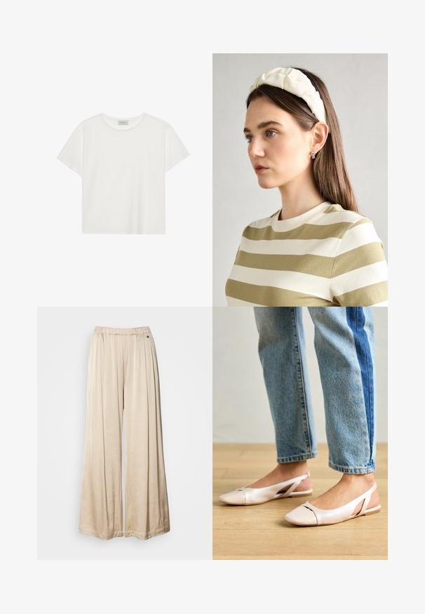 White short-sleeve T-shirt made of soft cotton. Features a round neckline and relaxed fit. Clean design with no visible patterns or accents.; Beige wide-leg pants made of soft fabric, featuring an elastic waistband and a single decorative button detail on the side.; Pale pink slingback flats with a pointed toe, made from a smooth leather-like material. Features cut-out details at the sides and a flat heel.; Cream padded headband with twisted design, paired with a beige and white striped shirt featuring a round neckline. Subtle jewelry accents.