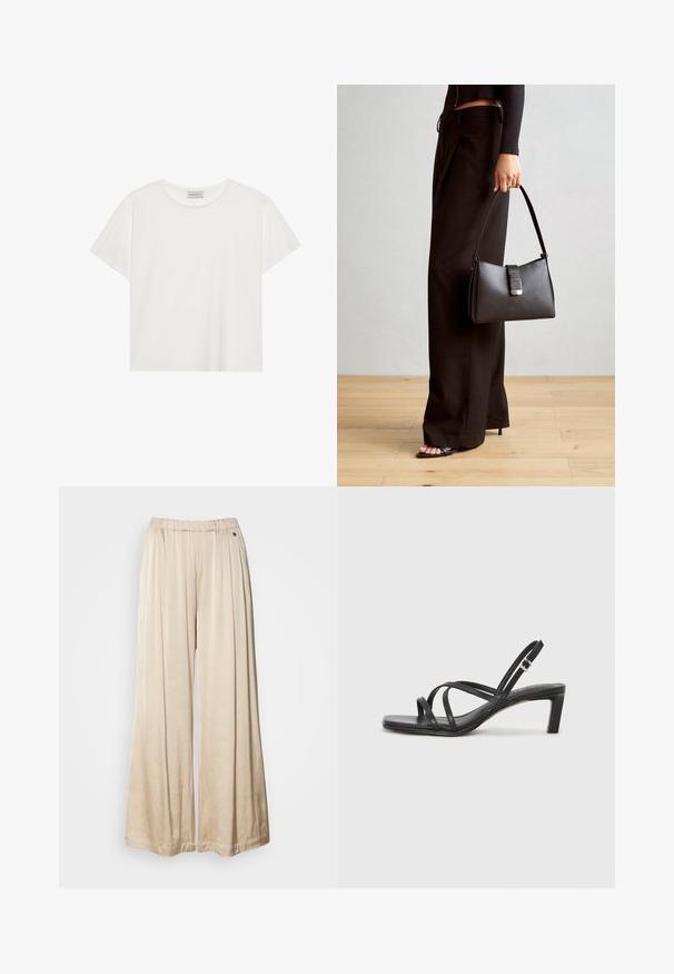 Balts īsām piedurknēm T-krekls, kas izgatavots no mīksta kokvilnas. Tam ir apaļš izgriezums un brīvs piegriezums. Tīrs dizains bez redzamām rakstiem vai akcentiem.; Beidža platās kājas bikses, izgatavotas no mīksta auduma, ar elastīgu jostu un vienu dekoratīvu pogu sānos.; Melnas strappy sandales ar kvadrātveida purngaliem un zemu bloku papēdi. Ievērojamas ar vairākiem plāniem siksniņām un regulējamu potītes siksniņu. Izgatavotas no gludas ādas.; Melnā somiņa ar strukturētu formu, gludu tekstūru un metālu sprādzi. Saskaņota ar platām melnām biksēm un sandālēm ar atvērtu purngalu uz koka grīdas.