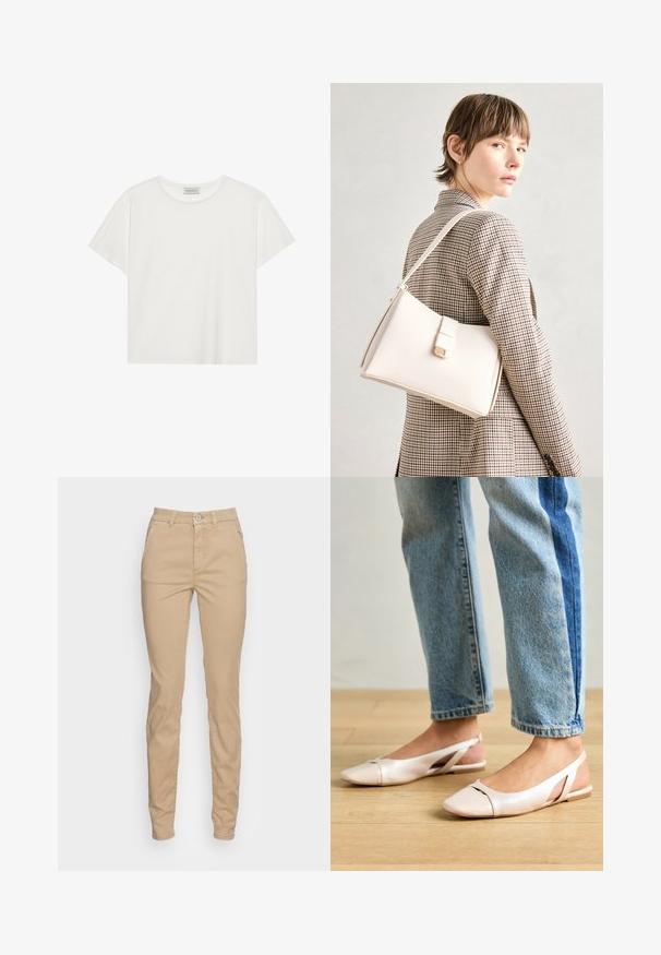 T-shirt branca de manga curta feita de algodão macio. Apresenta um decote redondo e um corte descontraído. Design limpo sem padrões ou detalhes visíveis.; Marc O'Polo FRENCH POCKETS HIGH WAIST SLIM FIT REGULAR LENGTH - Chinos - stormy sand; Sapatilhas slingback de cor rosa pálido com bico fino, feitas de um material semelhante a couro liso. Apresentam detalhes recortados nas laterais e um salto plano.; Bolsa de mão em couro branco com um design estruturado, apresentando um fecho magnético e uma alça de ombro, exibida sobre um fundo neutro.