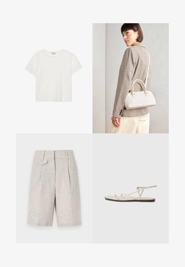 Hvit T-skjorte med kort erm laget av myk bomull. Har rund hals og avslappet passform. Rent design uten synlige mønstre eller aksenter.; Beige linshorts med en skreddersydd design, som har en frontfold, en enkelt knappelukking og en enkel midje.; Beige flate sandal med flere slanke stropper og en justerbar spenne. Sålen er flat med en svak mørk kontrast langs kanten.; Hvit strukturert håndveske med korte håndtak og skulderreim, med detaljer i gullfinish og teksturert materiale, vist mot en grå bakgrunn.