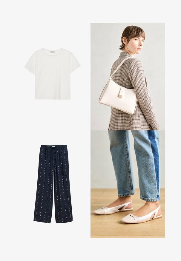 Fehér, rövid ujjú póló, puha pamutból készült. Kerek nyakkivágással és laza szabással rendelkezik. Tiszta dizájn, látható minták vagy díszítések nélkül.; Tengerészkék, széles lábú nadrág, húzós derékrésszel, sima felszíni textúrával és függőlegesen elhelyezett fehér pöttyös mintával.; Világos rózsaszín slingback laposlábú cipők, hegyes orral, sima bőrhatású anyagból készült. Oldalt kivágott részletek találhatók rajta, valamint lapos sarkú.; Fehér bőr táska strukturált dizájnnal, mágneses záródással és vállpánttal, semleges háttér előtt bemutatva.