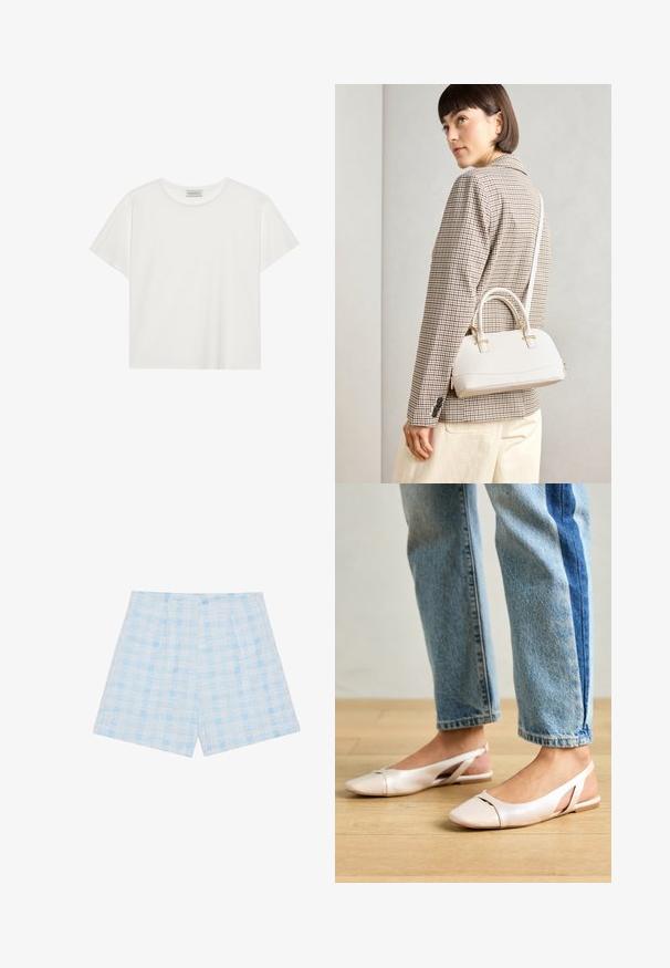 White short-sleeve T-shirt made of soft cotton. Features a round neckline and relaxed fit. Clean design with no visible patterns or accents.; Light blue plaid shorts made of textured fabric, featuring a loose fit and pleats for added detail.; Pale pink slingback flats with a pointed toe, made from a smooth leather-like material. Features cut-out details at the sides and a flat heel.; White structured handbag with short handles and a shoulder strap, featuring gold hardware accents and textured material, displayed against a grey background.