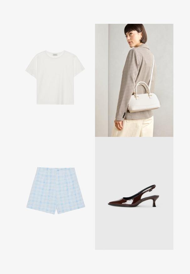 Bílé tričko s krátkým rukávem vyrobené z měkké bavlny. Má kulatý výstřih a volný střih. Čistý design bez viditelných vzorů nebo akcentů.; Světle modré kostkované šortky vyrobené z texturované tkaniny, se širokým střihem a záhyby pro dodatečný detail.; Hnědé lakované kožené slingback boty s špičatou špičkou a mírným podpatkem. Disponují přezkou pro bezpečné upevnění. Hladký povrch.; Bílá strukturovaná kabelka s krátkými uchy a ramenním popruhem, zdobená zlatými kovovými prvky a texturovaným materiálem, vystavená na šedém pozadí.