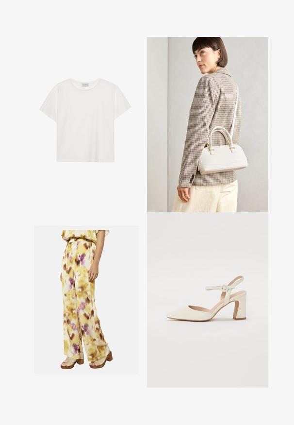 Bílé tričko s krátkým rukávem vyrobené z měkké bavlny. Má kulatý výstřih a volný střih. Čistý design bez viditelných vzorů nebo akcentů.; Žluté a krémové široké kalhoty s abstraktním květinovým vzorem v purpurových a hnědých tónech. Měkká látka s hladkou texturou.; Kopie s špičatou špičkou, krémové lodičky s blokovým podpatekem. Obsahuje tenký pásek kolem kotníku s kulatou sponou a hladkou koženou texturu.; Bílá strukturovaná kabelka s krátkými uchy a ramenním popruhem, zdobená zlatými kovovými prvky a texturovaným materiálem, vystavená na šedém pozadí.