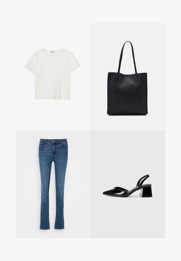 Tricou alb cu mânecă scurtă, made din bumbac moale. Are un guler rotund și o croială lejeră. Design curat, fără modele sau accente vizibile.; Blugi din denim albastru cu croială evazată, echipați cu cinci buzunare, bucle pentru curea și închidere cu buton în față. Prezintă o textură netedă și o ușoară decolorare.; Pantofi cu toc slingback din piele lacuită neagră, cu vârf ascuțit și toc geometric. Prezintă un design elegant, minimalist și o textură netedă.; Geantă tote neagră din piele, cu textură netedă, formă rectangulară și două mânere lungi. Fără hardware vizibil sau ornamente.