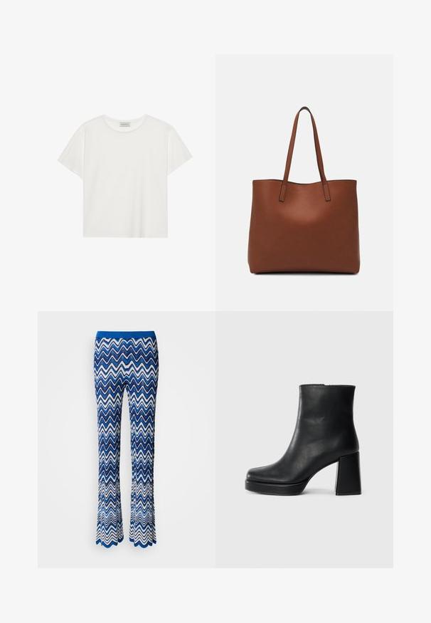 T-shirt bianco a maniche corte realizzato in morbido cotone. Presenta un collo rotondo e una vestibilità comoda. Design pulito senza modelli o dettagli visibili.; Pantaloni a palazzo con motivo zigzag blu e bianco, realizzati in tessuto leggero e testurizzato, con una cintura elastica blu a contrasto.; Stivale alla caviglia in pelle nera con tacco a blocco e suola platform, visto di lato su uno sfondo bianco uniforme.; Borsa tote in pelle marrone con texture liscia, design con apertura superiore e due spallacci. Presenta cuciture minime e nessun hardware visibile.