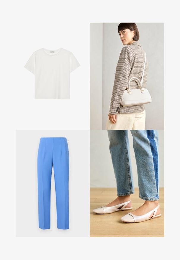 Biele tričko s krátkymi rukávmi vyrobené z jemnej bavlny. Má okrúhly výstrih a voľný strih. Čistý dizajn bez viditeľných vzorov alebo akcentov.; Modré nohavice na mieru z hladkej tkaniny so bočnými skladmi, s rovým strihom a čistým pásom. Žiadne viditeľné kovové prvky ani vzory.; Svetloružové slingback baleríny s jemne špicatou špičkou, vyrobené z hladkého materiálu pripomínajúceho kožu. Majú výrezové detaily na stranách a plochý opätok.; Biela štruktúrovaná kabelka s krátkymi rúčkami a ramenným popruhom, s zlatými kovovými prvkami a textúrovaným materiálom, vystavená na šedom pozadí.