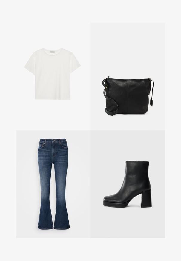 White short-sleeve T-shirt made of soft cotton. Features a round neckline and relaxed fit. Clean design with no visible patterns or accents.; Dark blue denim flared jeans with a high waist, front pockets, and subtle faded areas along the thighs. Seam detailing at the waist and hem.; Black leather ankle boot with a block heel and platform sole, viewed from the side on a plain white background.; Black leather crossbody bag with a flat shape, gold hardware accents, and an adjustable strap. Smooth texture with minimal stitching details.
