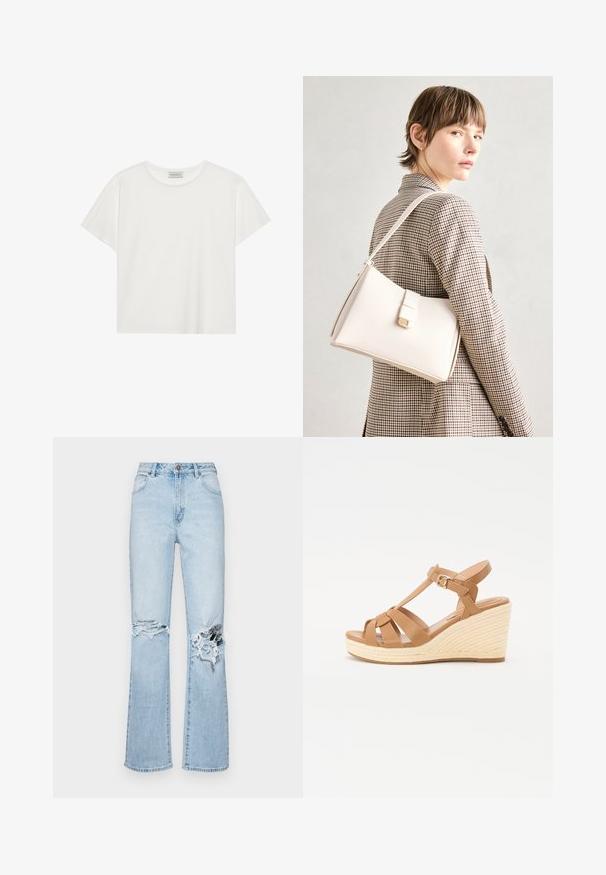 Camiseta blanca de manga corta hecha de suave algodón. Presenta un escote redondo y un corte relajado. Diseño limpio sin patrones o acentos visibles.; Jeans de mezclilla de tiro flaco en azul claro con detalles desgastados en las rodillas. Cuenta con cinco bolsillos, trabillas para cinturón y cierre de botón metálico.; Sandalias de cuña en tono tostado con diseño de tiras cruzadas, hebilla ajustable en el tobillo y cuña estilo espadrille texturizada y trenzada.; Bolso de mano de cuero blanco con un diseño estructurado, que presenta un cierre magnético y una correa para el hombro, exhibido sobre un fondo neutro.