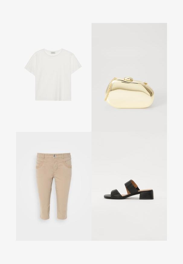 White short-sleeve T-shirt made of soft cotton. Features a round neckline and relaxed fit. Clean design with no visible patterns or accents.; Beige cropped chinos with a smooth cotton texture, featuring two front pockets and a button closure at the waist.; Black leather sandal with two wide straps across the foot, a square toe, and a low block heel. Smooth texture and minimal design.; Metallic gold clutch with a smooth, rounded shape, featuring a top button clasp and a small chain strap for carrying.