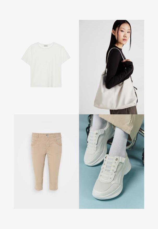 T-shirt branca de manga curta feita de algodão macio. Apresenta um decote redondo e um corte descontraído. Design limpo sem padrões ou detalhes visíveis.; Chinos cropped bege com uma textura de algodão suave, apresentando dois bolsos frontais e um fecho de botão na cintura.; Tênis brancos com material em rede, sola de borracha, design sem atacadores com faixas elásticas e detalhes em tom dourado.; Uma bolsa bege feita de material macio, com um design descontraído, detalhes de costura e duas alças para o ombro. Adequada para uso diário.