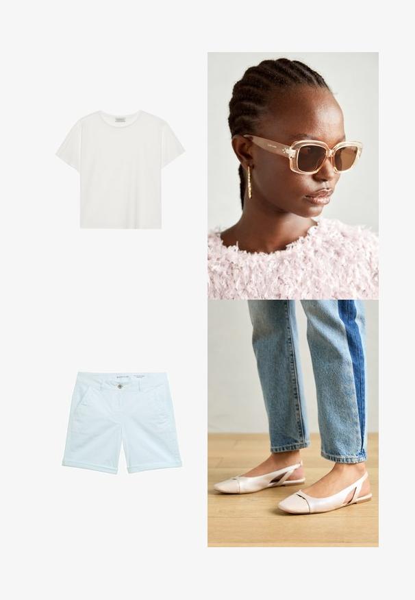 T-shirt blanc à manches courtes en coton doux. Présente un col rond et une coupe décontractée. Design épuré sans motifs ni accents visibles.; Shorts chino bleu clair avec un ourlet roulé, dotés de deux poches latérales et d'une fermeture à bouton à l'avant. Fabriqués en matériau respirant.; Ballerines slingback rose pâle avec un bout pointu, fabriquées en un matériau semblable au cuir lisse. Présentent des découpes sur les côtés et un talon plat.; Lunettes de soleil surdimensionnées beiges avec une monture transparente et des verres teintés marron, arborant des accents floraux subtils et un design géométrique audacieux.