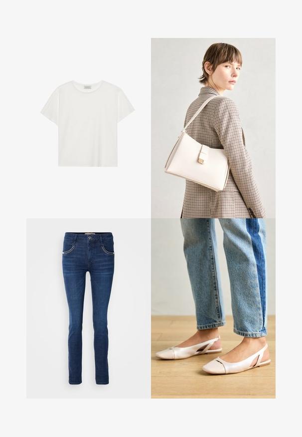 T-shirt branca de manga curta feita de algodão macio. Apresenta um decote redondo e um corte descontraído. Design limpo sem padrões ou detalhes visíveis.; Jeans escuros em tom de azul, feitos de denim, apresentando um corte slim, design de cinco bolsos e costura decorativa nos bolsos da frente.; Sapatilhas slingback de cor rosa pálido com bico fino, feitas de um material semelhante a couro liso. Apresentam detalhes recortados nas laterais e um salto plano.; Bolsa de mão em couro branco com um design estruturado, apresentando um fecho magnético e uma alça de ombro, exibida sobre um fundo neutro.