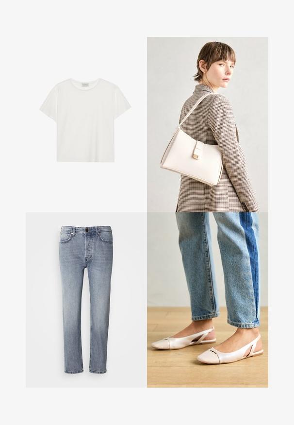 Bijela kratkodlaka majica od mekog pamuka. Ima okrugli izrez i opušteni kroj. Čist dizajn bez vidljivih uzoraka ili akcenata.; Svijetloplave traperice sa ležernim krojem, ravnim nogavicama i suptilnim izblijedjenjem. Imaju prednje kopčanje na gumb i pet džepova za praktičnost.; Svijetlo ružičaste slingback balerinke s šiljastim vrhom, izrađene od glatkog materijala nalik koži. Sadrže izrezane detalje sa strane i ravnu petu.; Bijela kožna torba s čvrstim dizajnom, s magnetskim kopčanjem i remenom za rame, prikazana na neutralnoj pozadini.